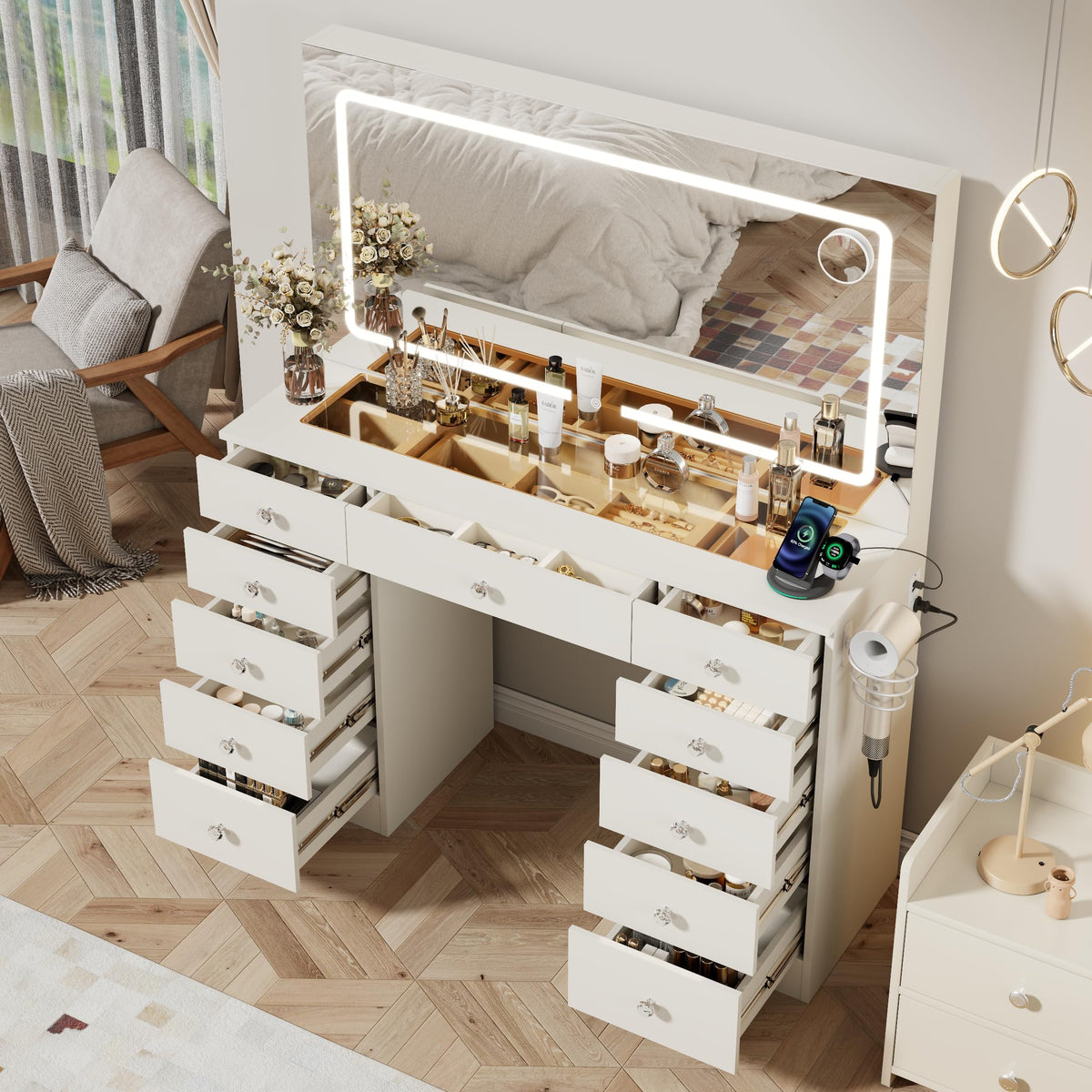 46" White Makeup Vanity Desk with Mirror and Lights N531702