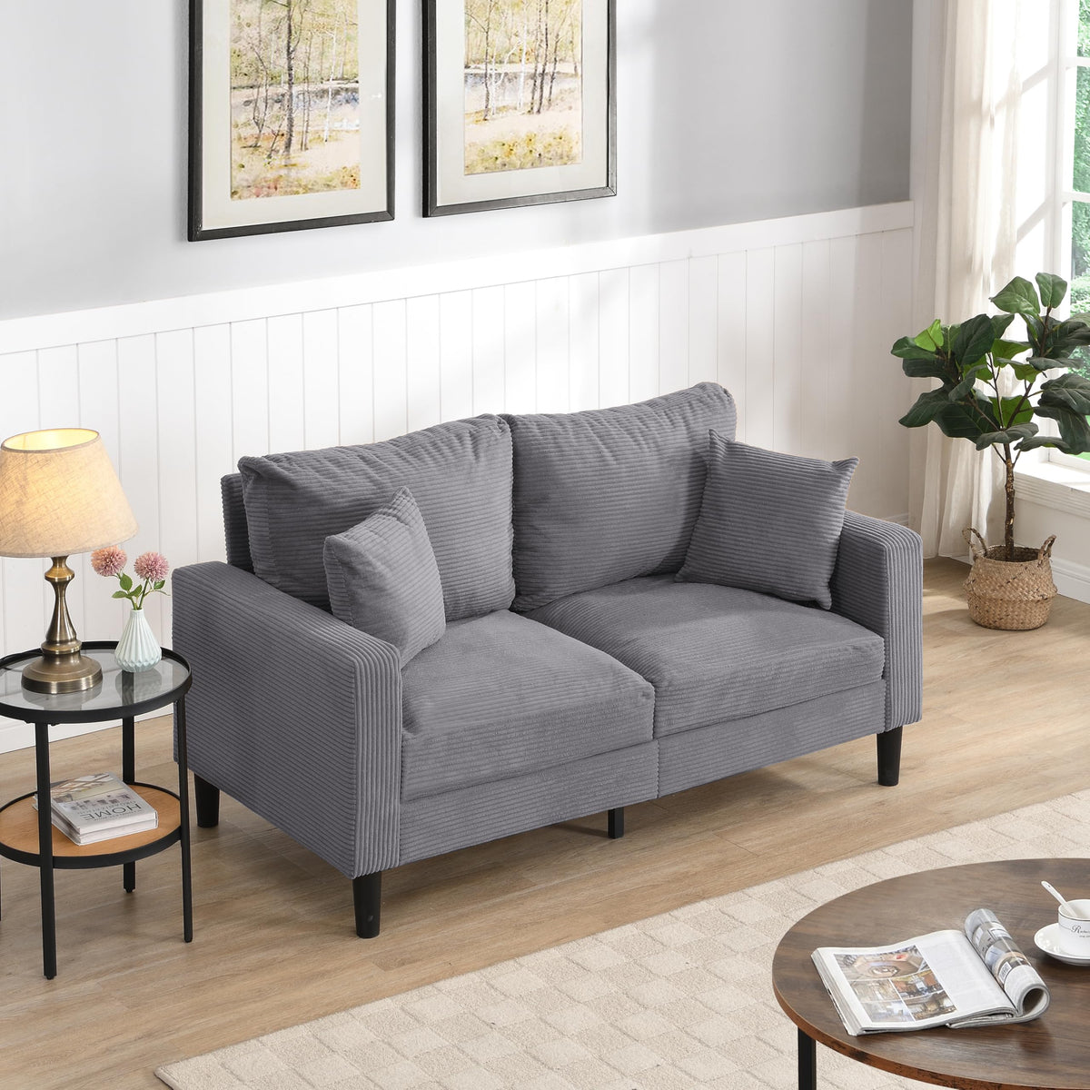 Oversized Corduroy Sofa with 2 Throw Pillows I1190