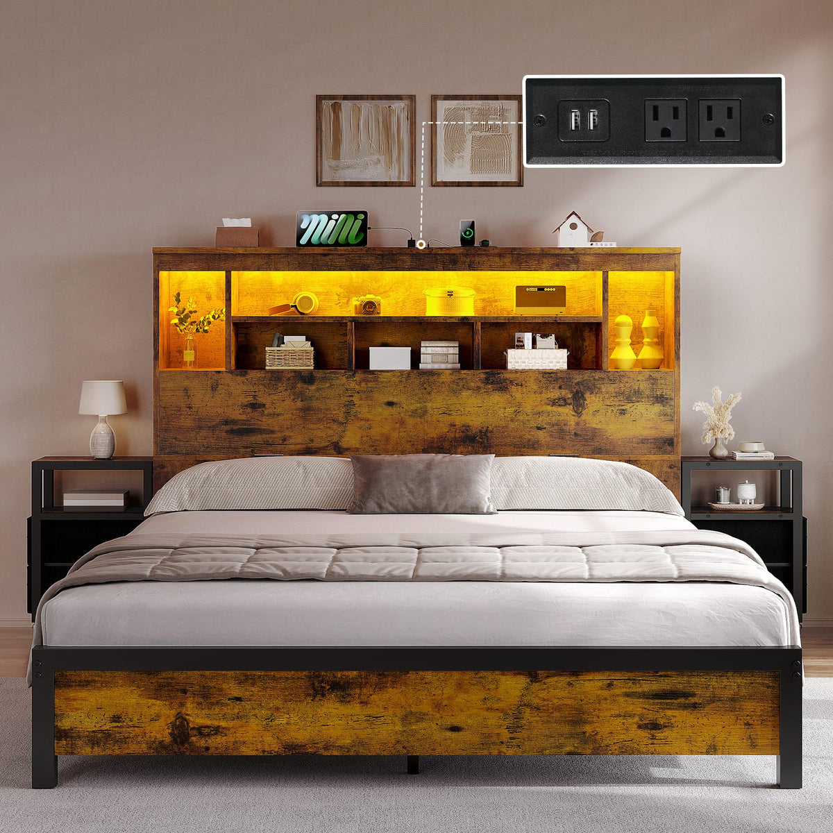 Queen Size Bed Frame with Storage Bookcase Headboard L1359