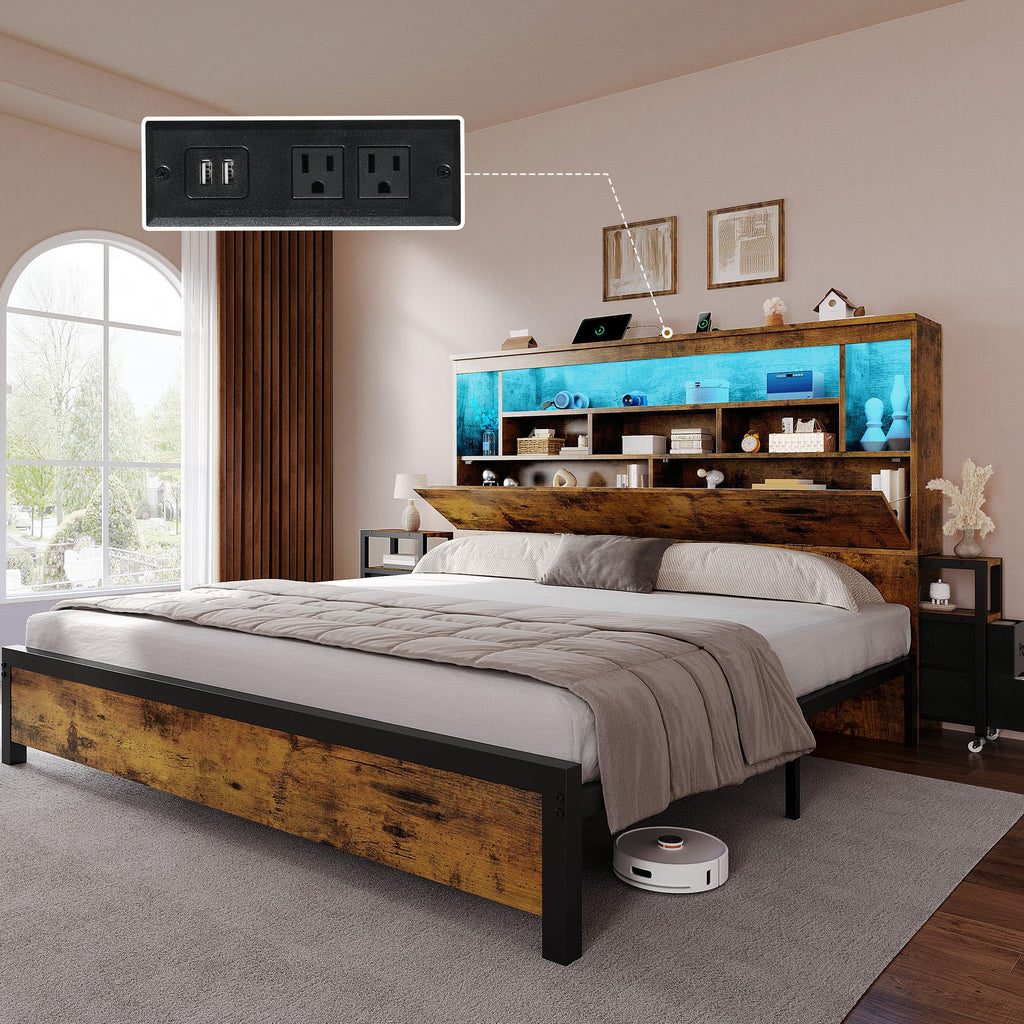 Queen Size Bed Frame with Storage Bookcase Headboard L1359