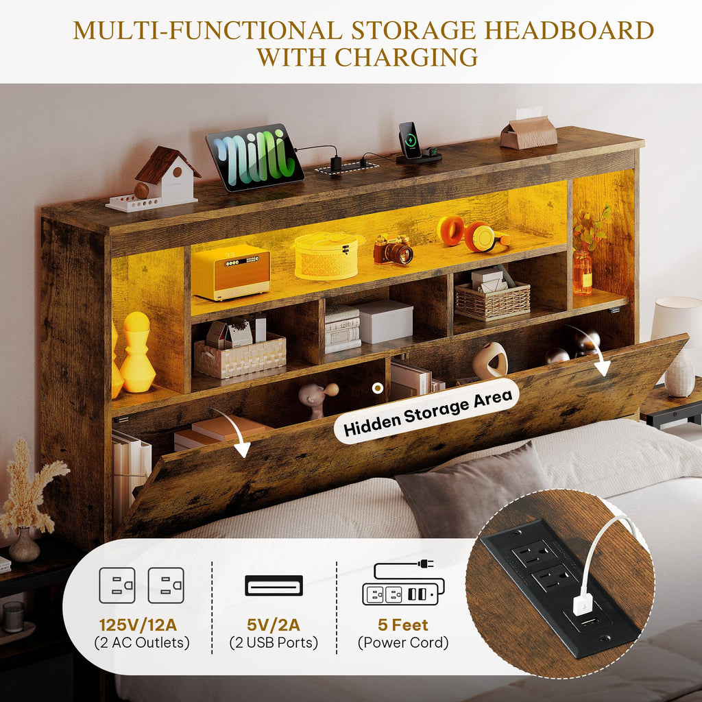 Queen Size Bed Frame with Storage Bookcase Headboard L1359