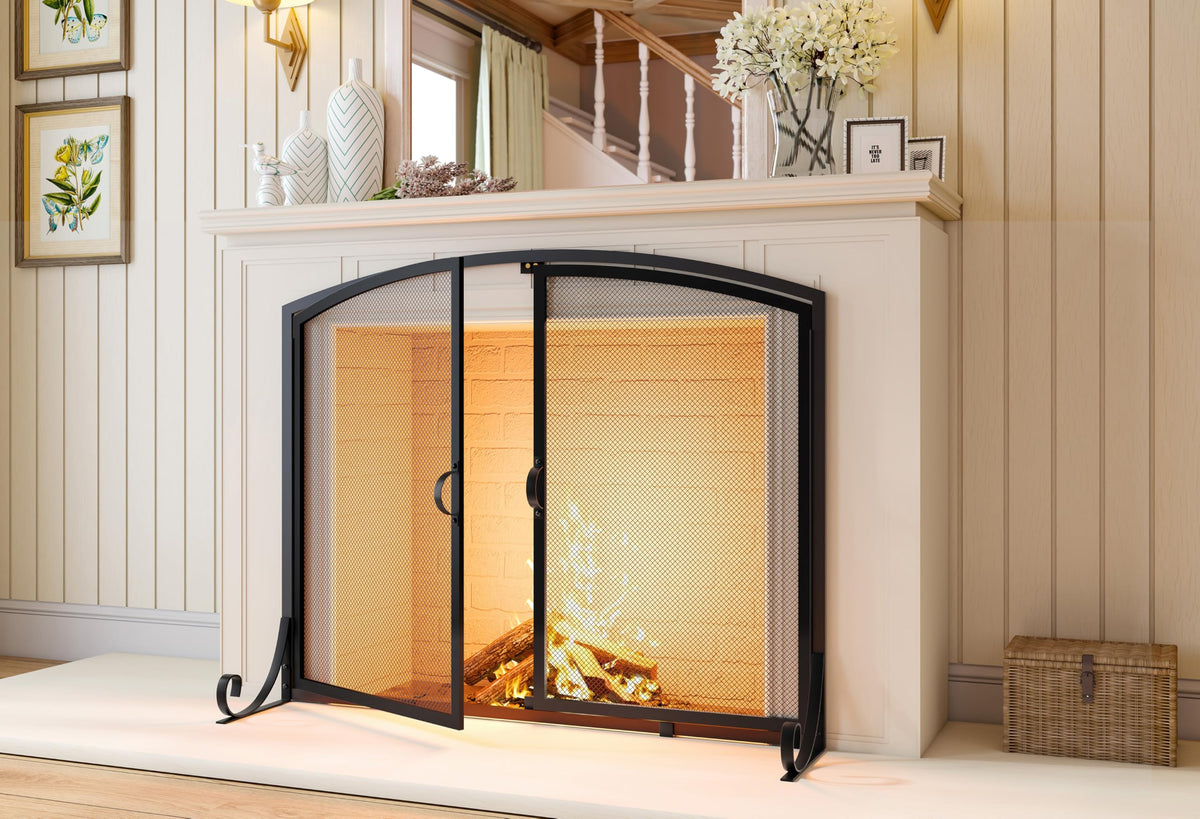 Black Steel Fireplace Screen with Doors L292