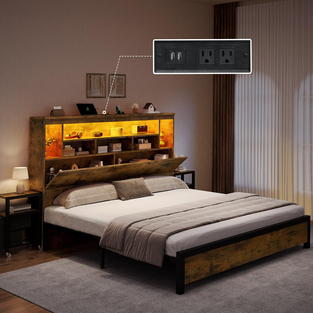 Queen Size Bed Frame with Storage Bookcase Headboard L1359