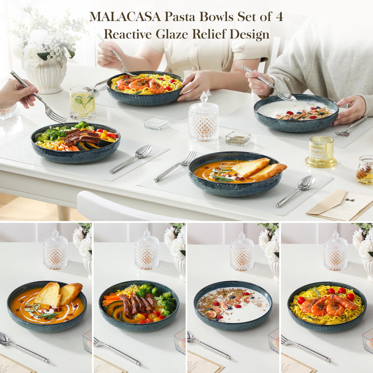 48 Oz 9.5 Inch Ceramic Pasta Bowls Set of 4 Green A356679