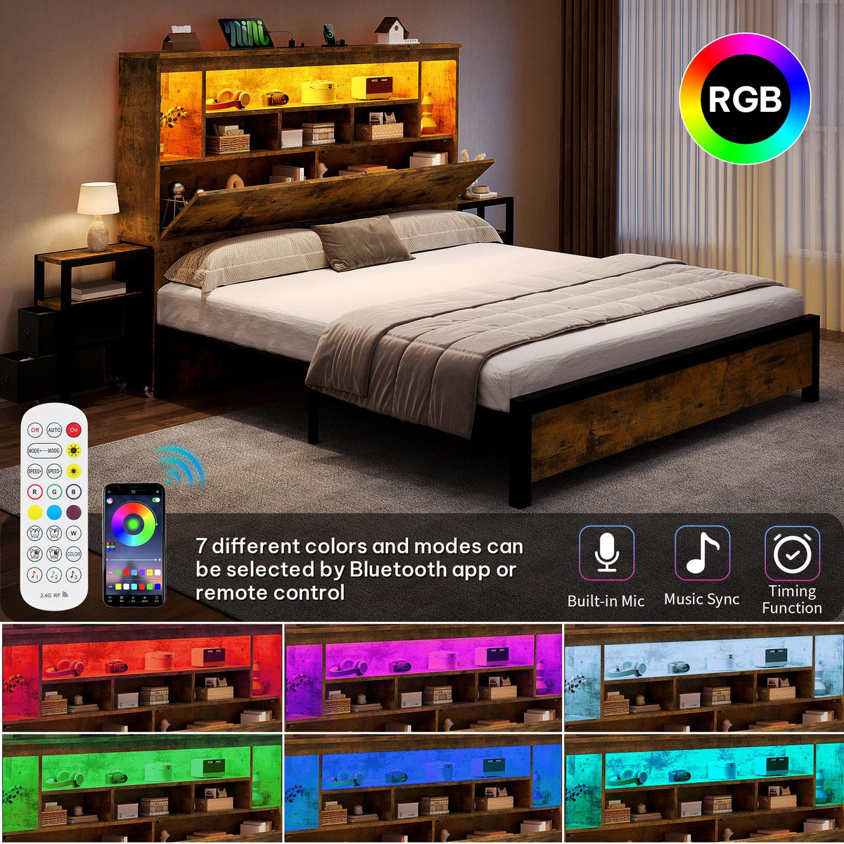 Queen Size Bed Frame with Storage Bookcase Headboard L1359