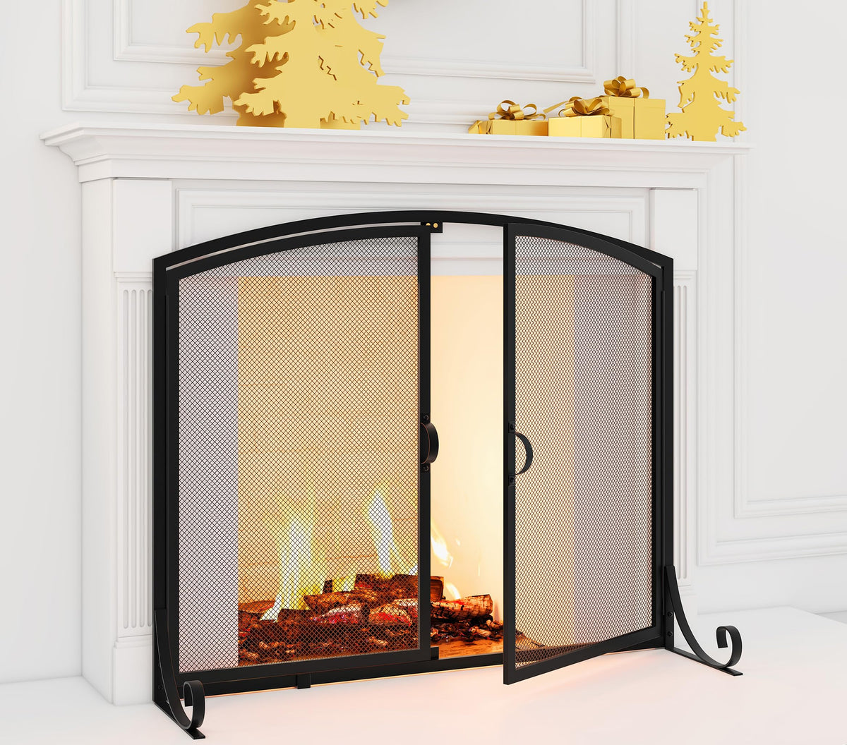 Black Steel Fireplace Screen with Doors L292